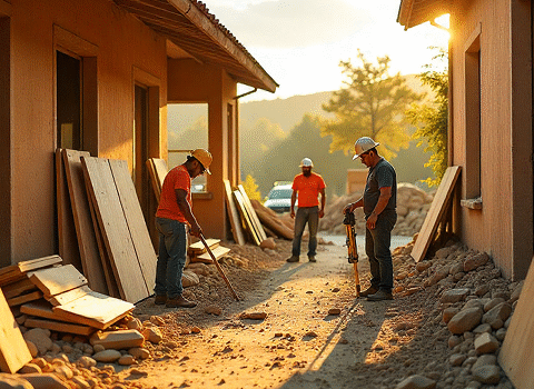 Construction workers deconstructing residential buildings at sunset for material recovery and sustainable reuse