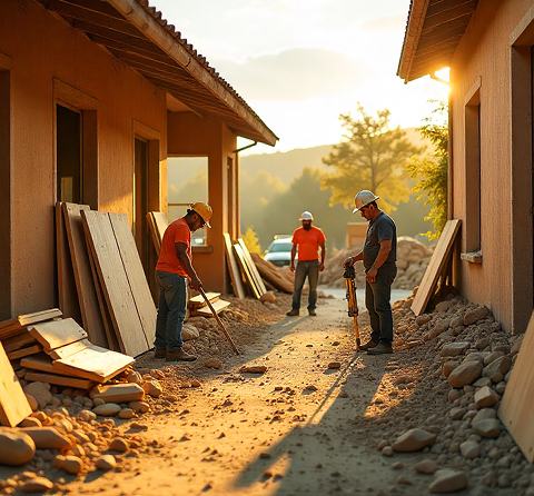 Turning Residential Deconstruction into Community Value and Tax Savings Construction workers deconstructing residential buildings at sunset for material recovery and sustainable reuse